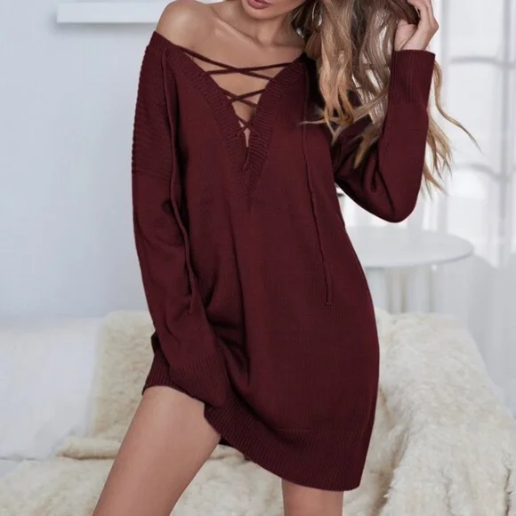 Boho Black Lace up Off Shoulder Oversized Sweater Dress - Picture 12 of 14